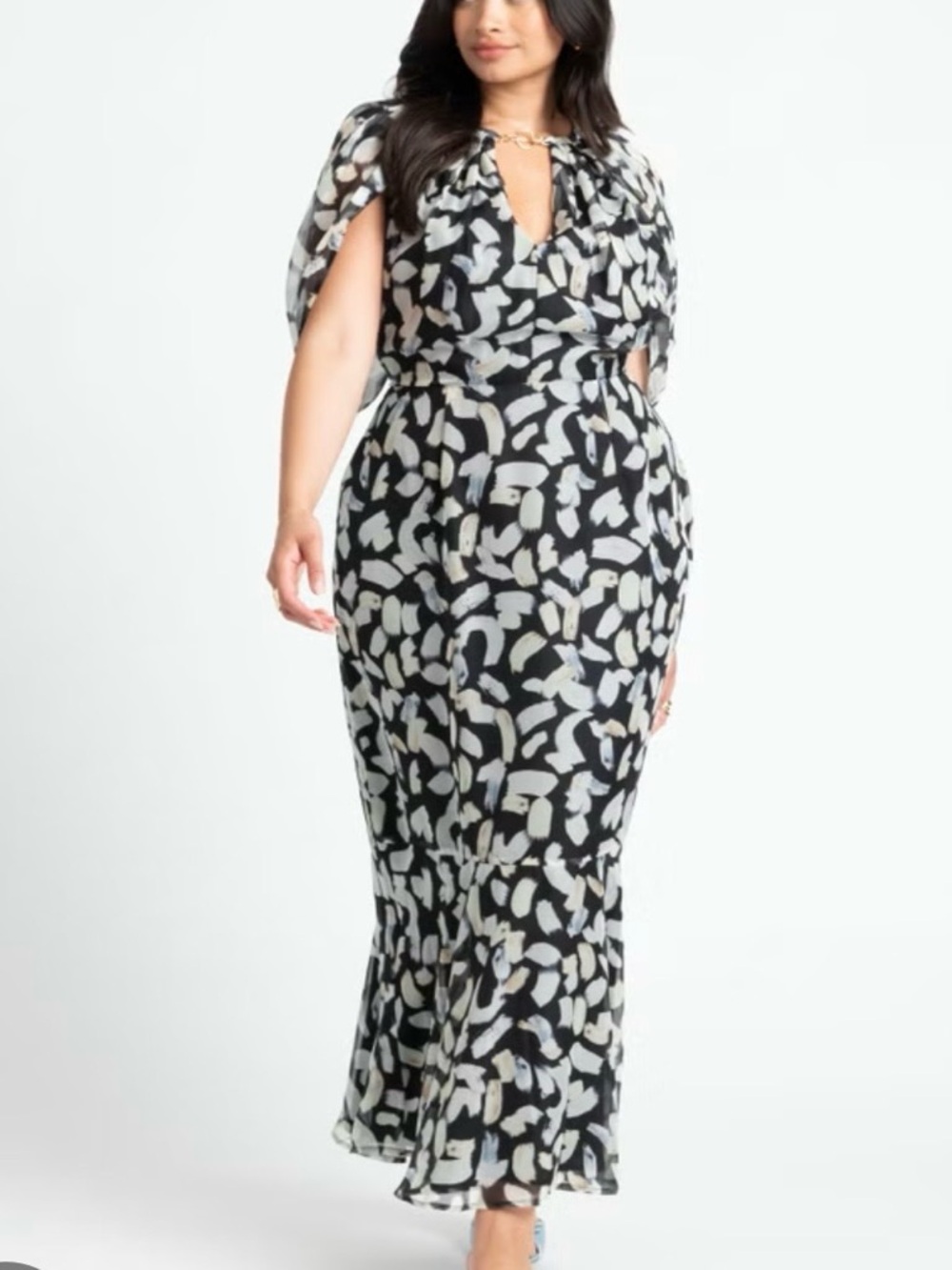 Eloquii sz 16 Abstract Print Maxi Dress with Capelet & Gold Hardware Details